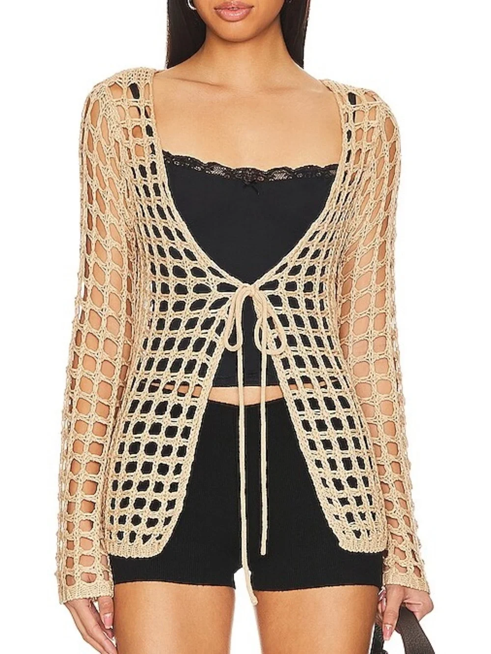 Revolve MORE TO COME Malya Tie Front Crochet Knit Cardigan Nude